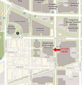 Map showing a red arrow pointing to the entrance to Weeks Hall on Charter Street. The other building doors (accesible from Dayton Street) are currently locked. 
